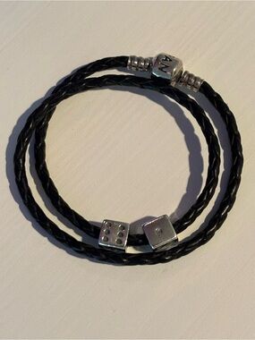 Pandora Black Braided Leather Wrap Bracelet with Silver Dice and Cube Charms